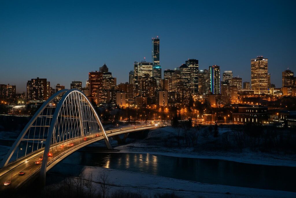 Night view of downtown Edmonton with the Walterdale Bridge, representing Boomtown Digital's local expertise as a digital marketing agency.