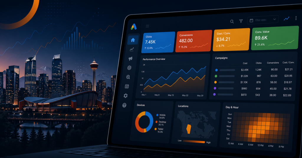 Google Ads management dashboard representing Boomtown's active management approach for Calgary businesses
